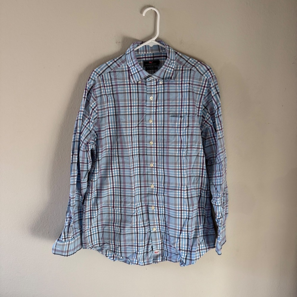 Vineyard Vines Mens Slim Fit Murray Shirt Blue Purple Plaid Button Down Large